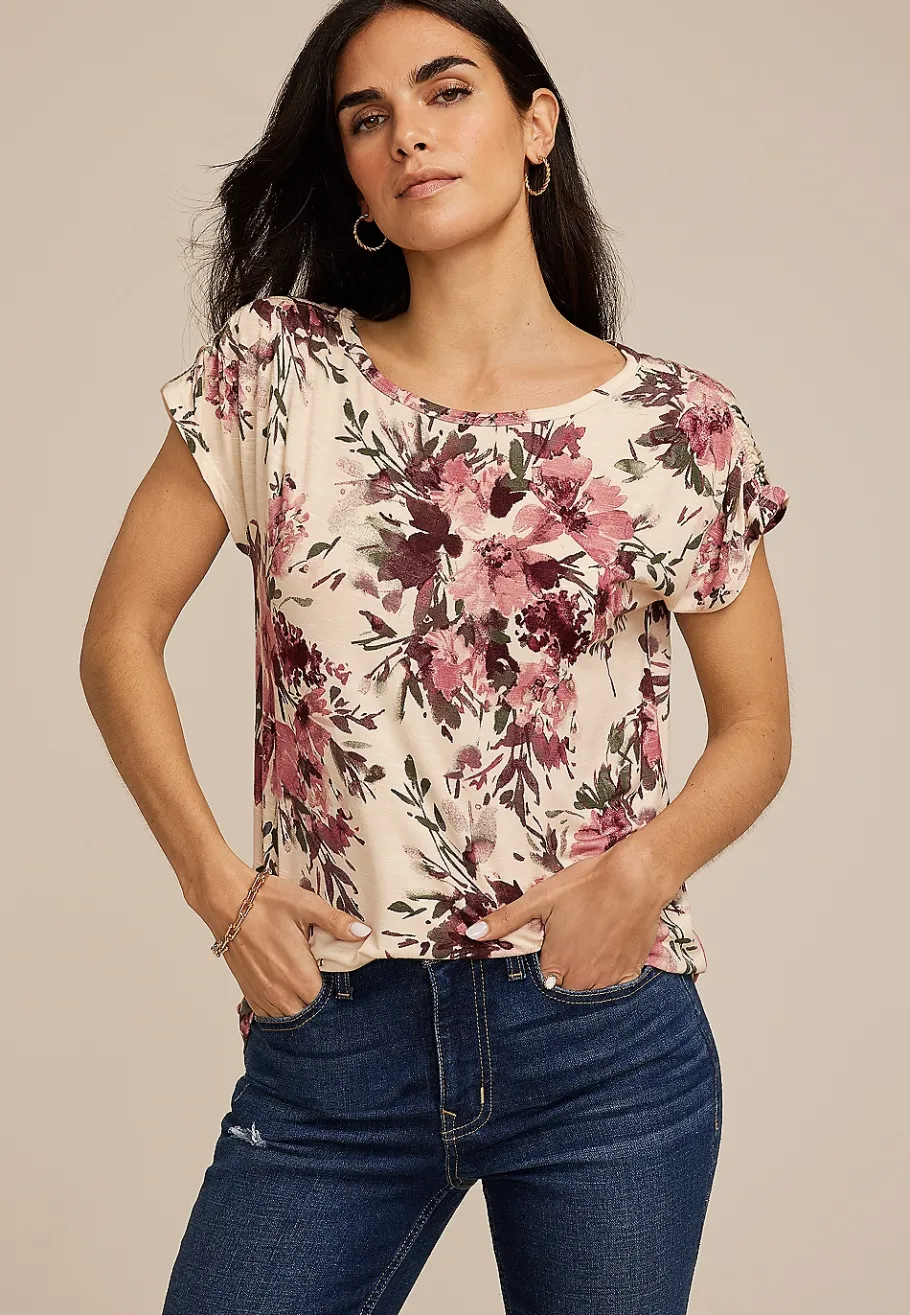 Maurices Tees-24/7 Fairhaven Floral Ruched Shoulder Tee