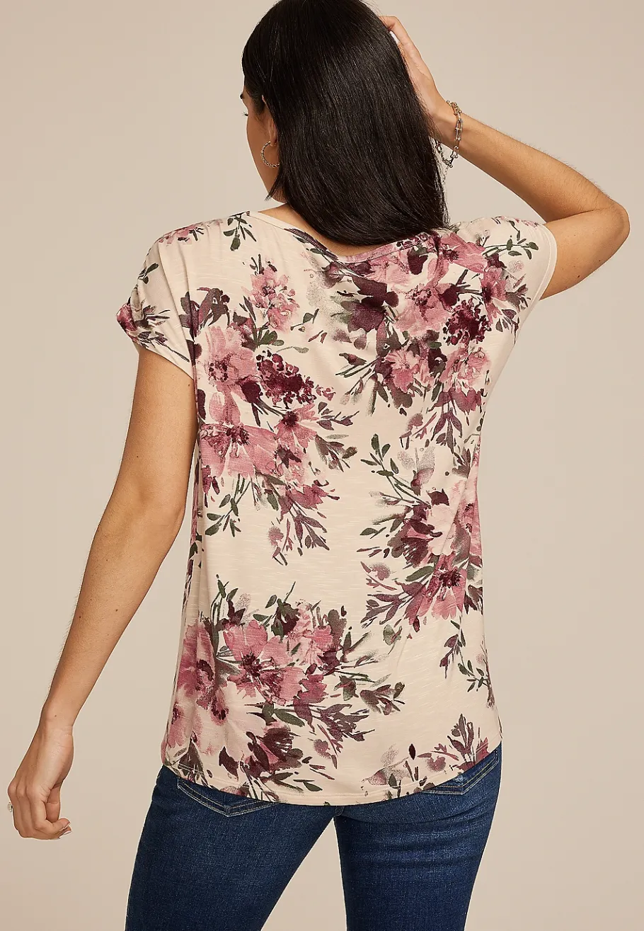 Maurices Tees-24/7 Fairhaven Floral Ruched Shoulder Tee