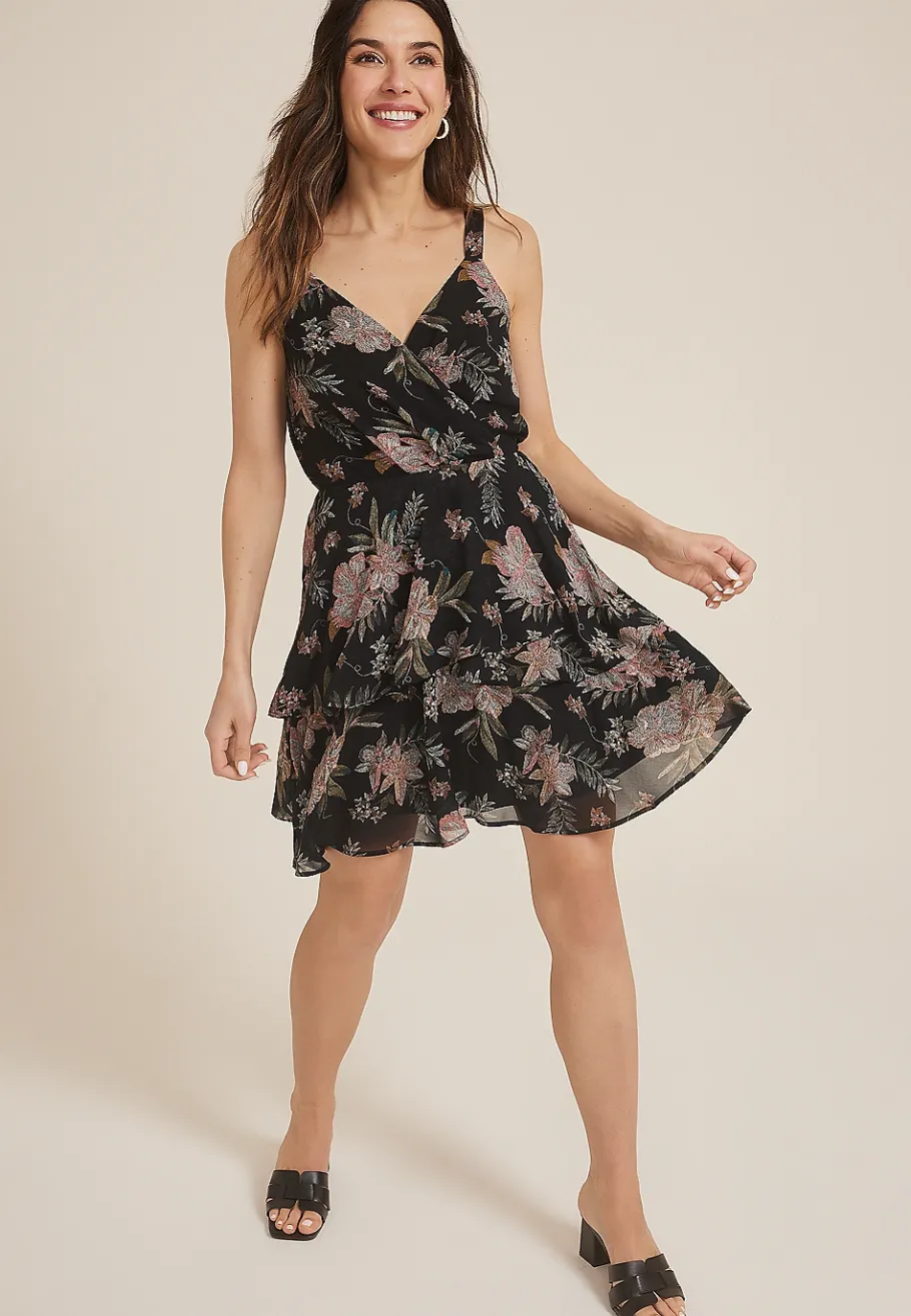 Maurices Wedding Guest & Cocktail Dresses-Bare Surplice Floral Tiered Mini Dress