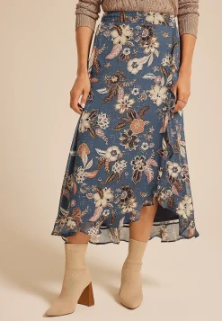 Maurices Skirts-Blue Floral Faux Wrap Maxi Skirt