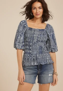 Maurices Shirts & Blouses-Blue Paisley 3/4 Sleeve Smocked Blouse
