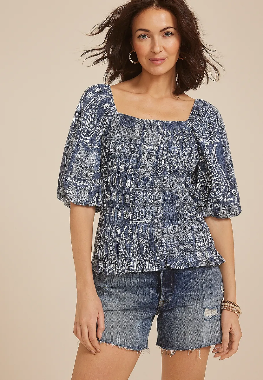 Maurices Shirts & Blouses-Blue Paisley 3/4 Sleeve Smocked Blouse