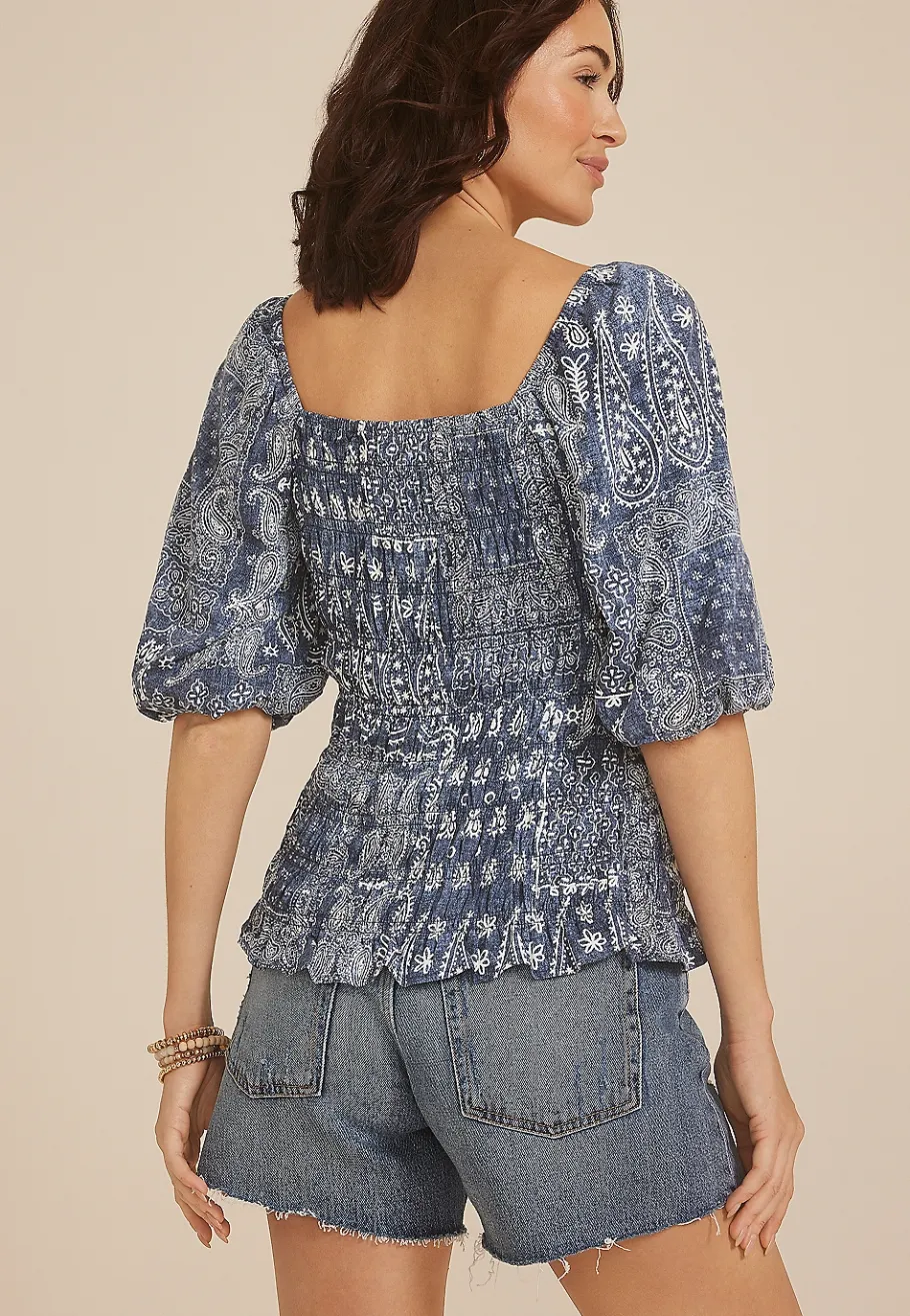 Maurices Shirts & Blouses-Blue Paisley 3/4 Sleeve Smocked Blouse