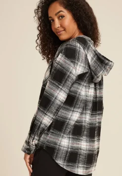 Maurices Plaid & Button Down Shirts-Cabin Plaid Boyfriend Hooded Button Down Shirt