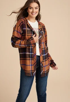 Maurices Plaid & Button Down Shirts-Cabin Plaid Boyfriend Hooded Button Down Shirt