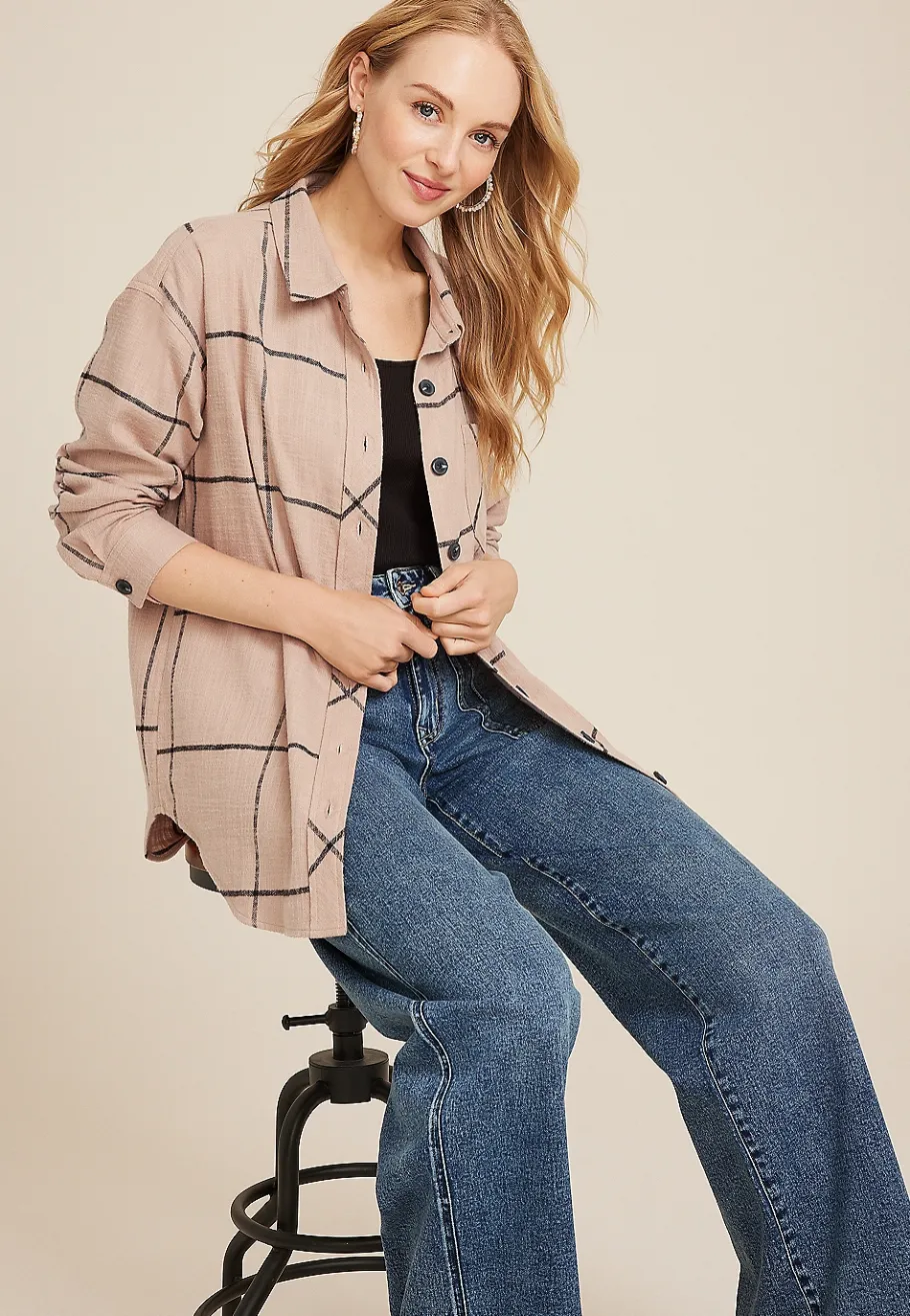 Maurices Plaid & Button Down Shirts-Cabin Windowpane Boyfriend Button Down Shirt