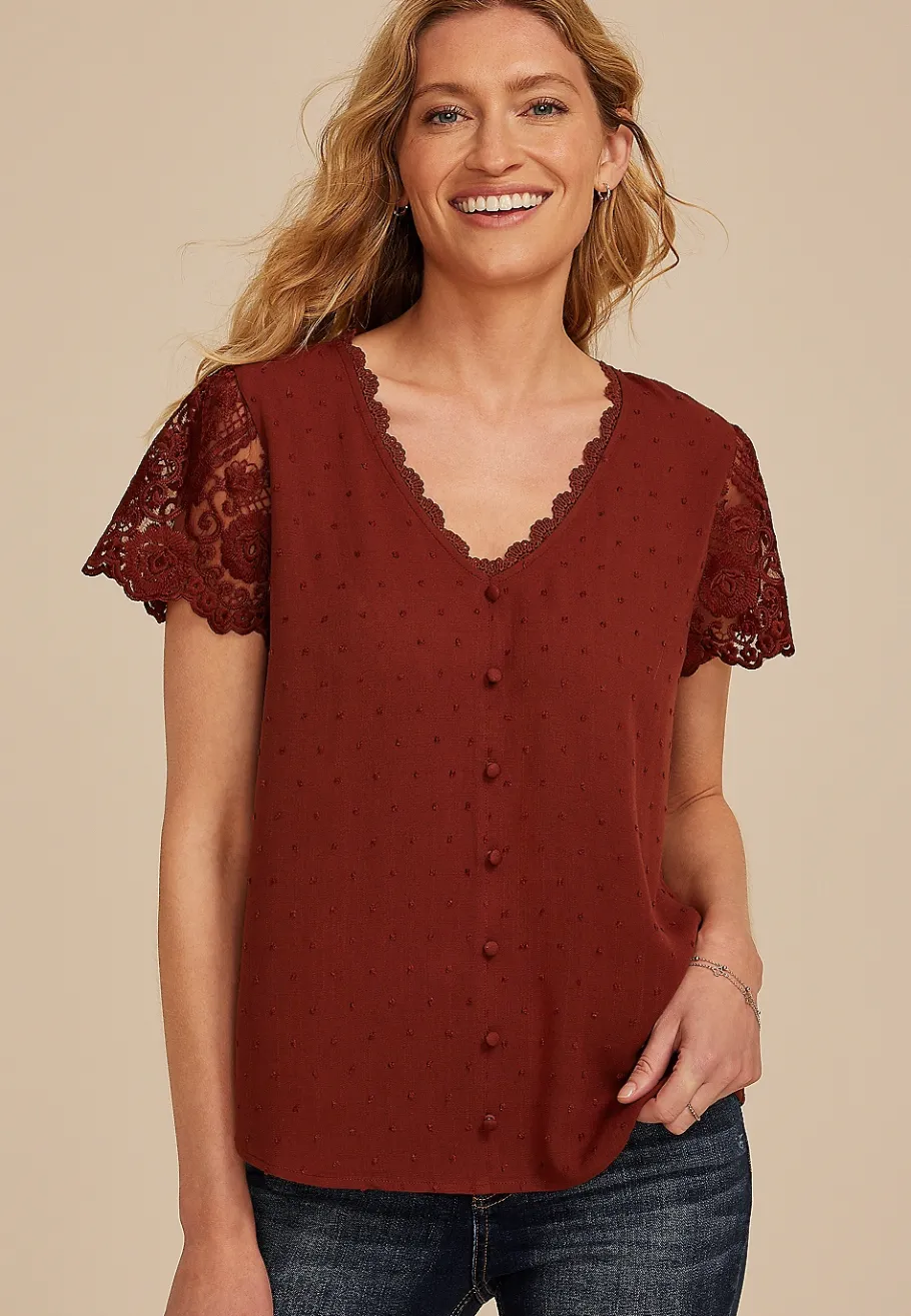 Maurices Shirts & Blouses-Clip Dot Lace Short Sleeve Blouse