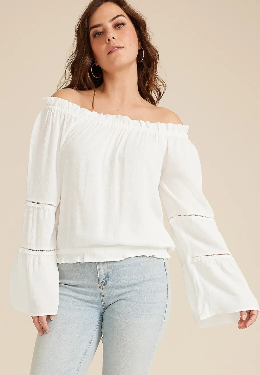 Maurices Shirts & Blouses-Clip Dot Smocked Off The Shoulder Top