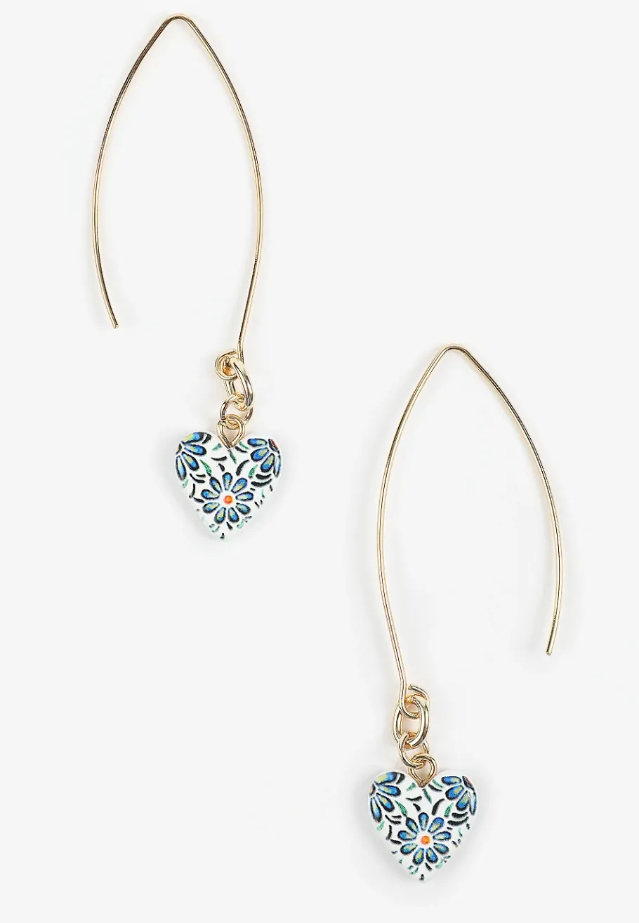Maurices Earrings|Matching Sets-Colorful Floral Ceramic Heart Drop Earrings