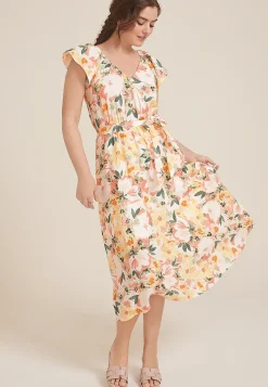 Maurices Wedding Guest & Cocktail Dresses-Cool Crepe Floral Flutter Sleeve Wrap Midi Dress