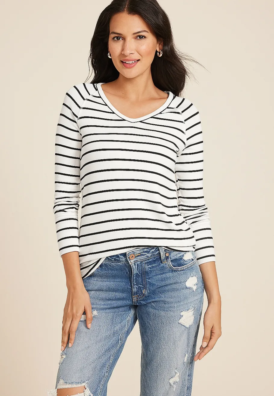 Maurices Tees-Cozy Ribbed Snap Cuff V Neck Long Sleeve Tee