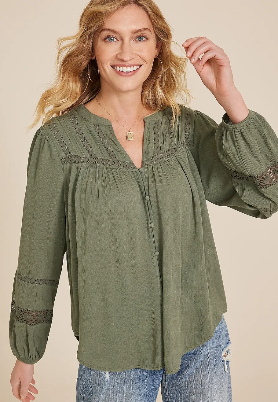Maurices Shirts & Blouses-Crochet Trim Button Front Blouse