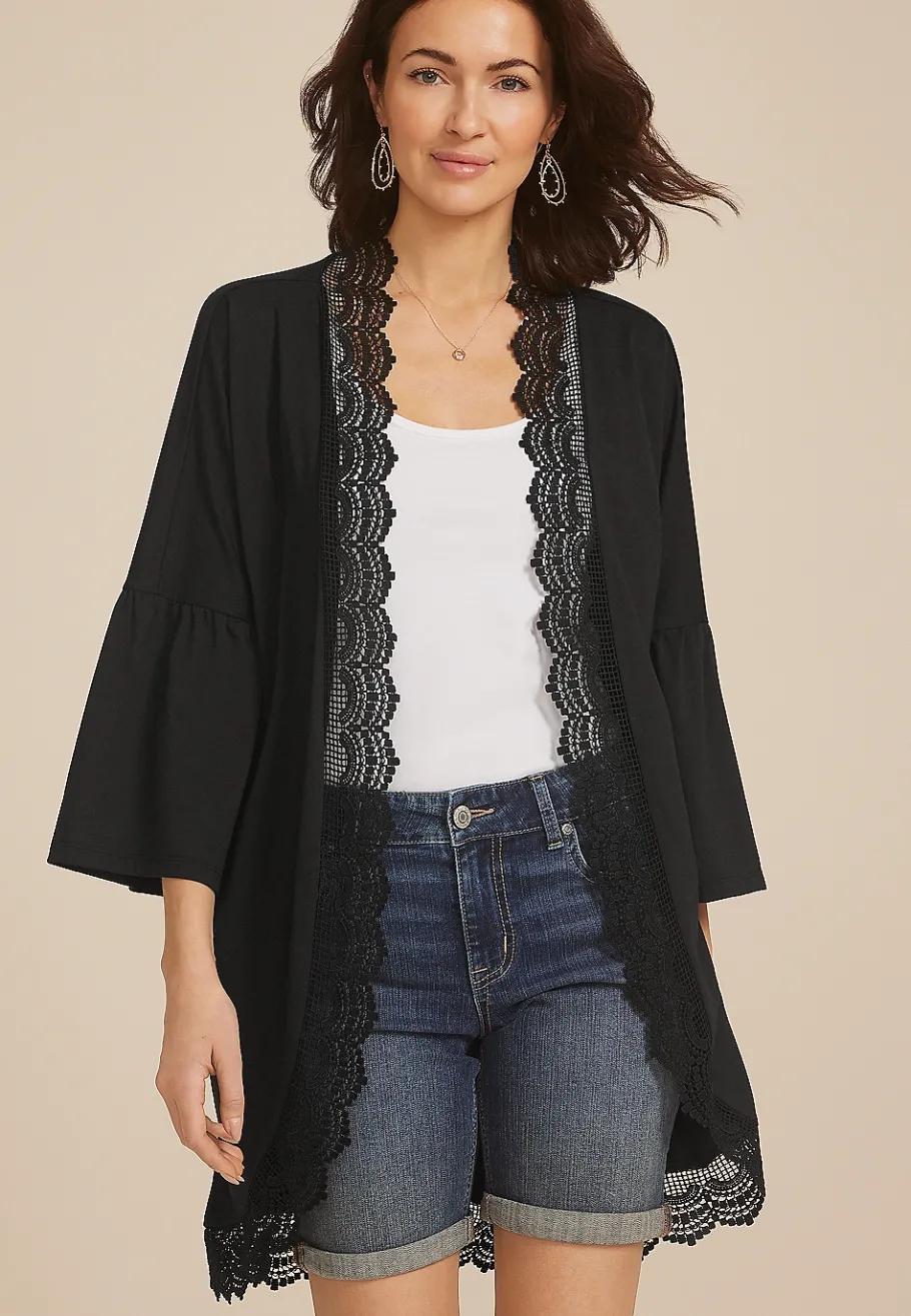 Maurices Sweaters Cardigans & Kimonos-Crochet Trim Curve Hem Kimono
