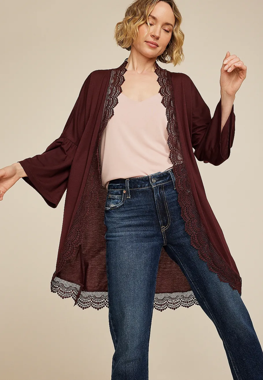 Maurices Sweaters Cardigans & Kimonos-Crochet Trim Curve Hem Kimono