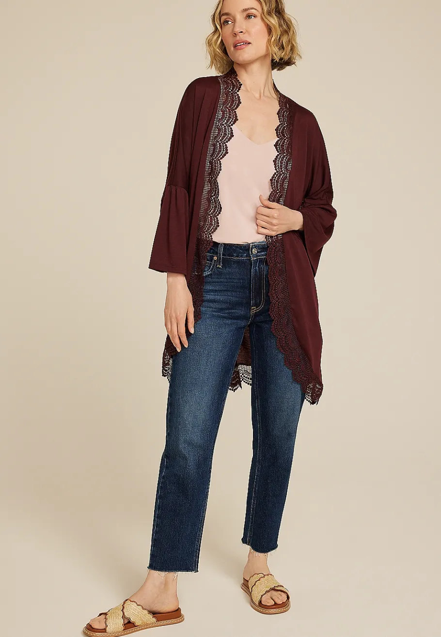 Maurices Sweaters Cardigans & Kimonos-Crochet Trim Curve Hem Kimono