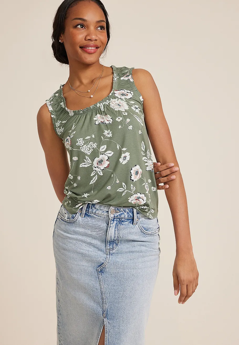 Maurices Tanks & Camis-Effortless Ruched Green Floral Tank Top