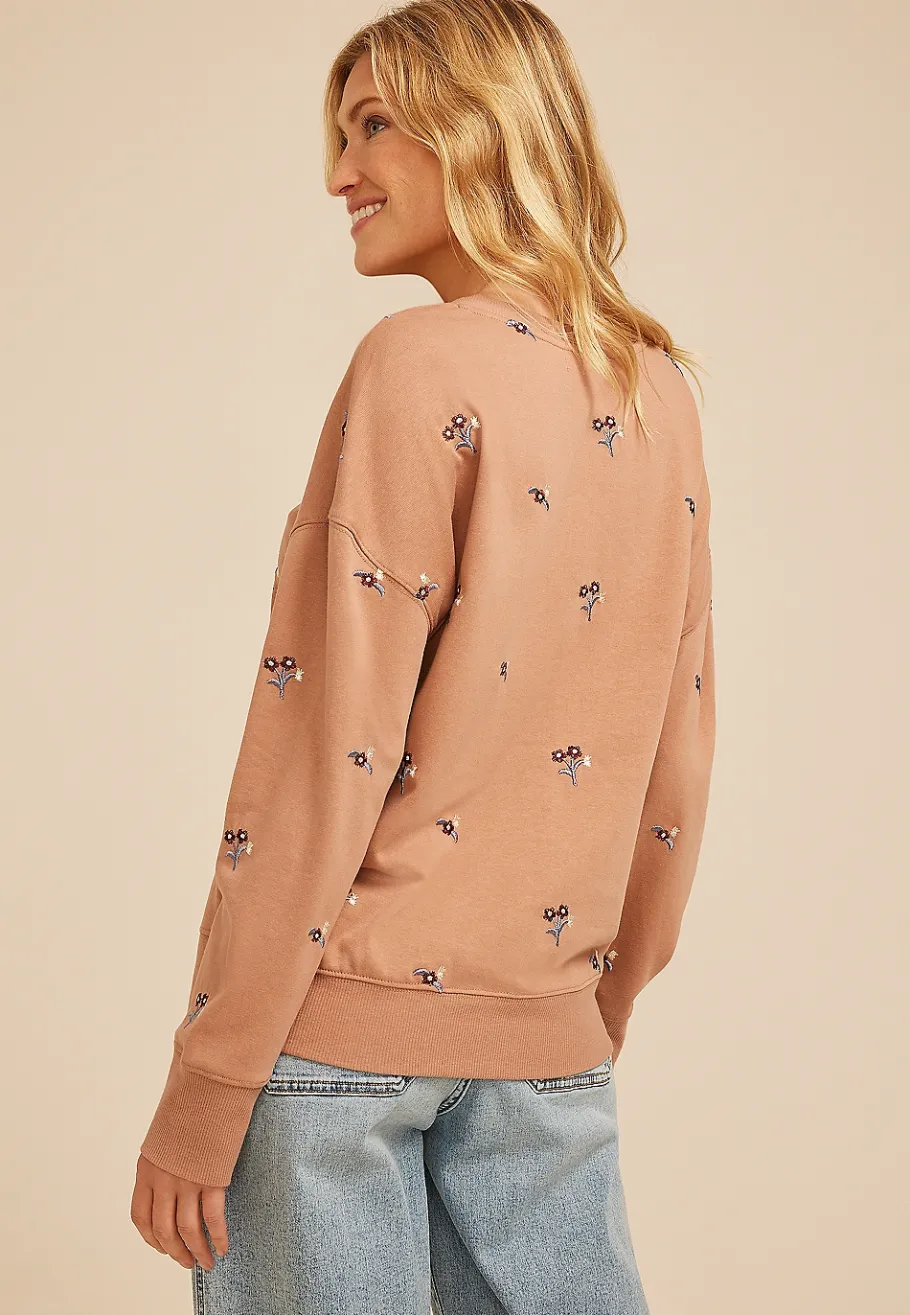 Maurices Sweatshirts-Embroidered Floral Relaxed Fit Sweatshirt