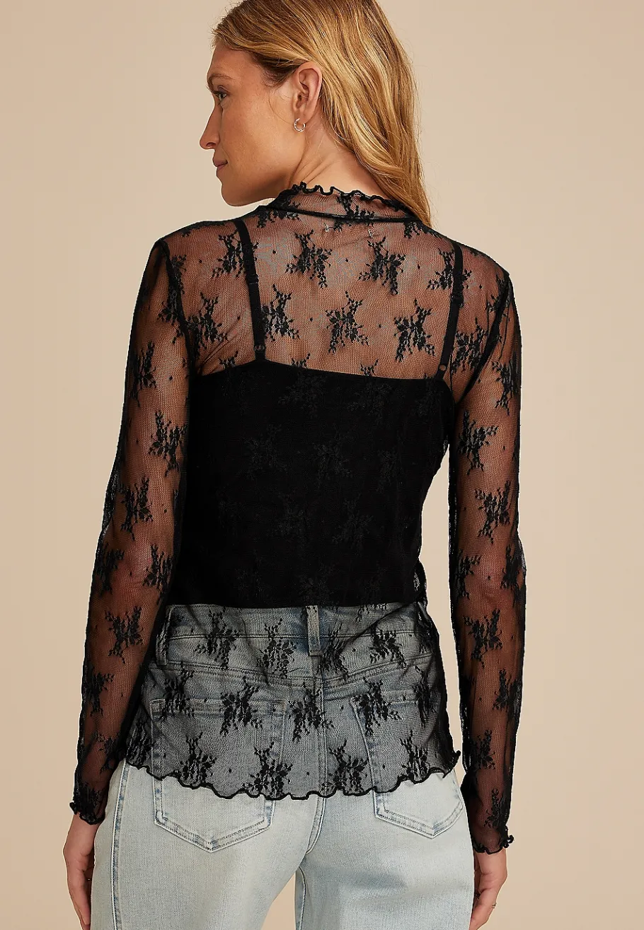 Maurices Tees-Embroidered Floral Sheer Lace Mock Neck Blouse