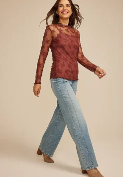Maurices Tees-Embroidered Floral Sheer Lace Mock Neck Blouse