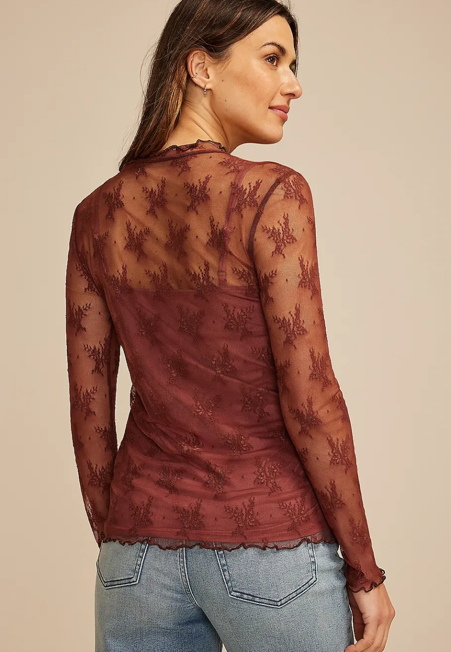 Maurices Tees-Embroidered Floral Sheer Lace Mock Neck Blouse