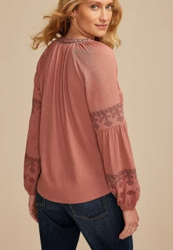 Maurices Tees-Embroidered Gauze Blouson Sleeve Top