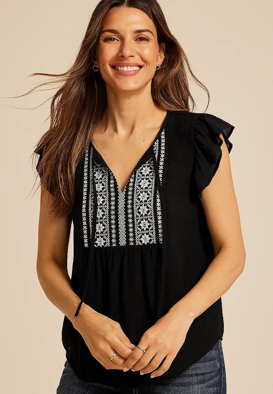 Maurices Shirts & Blouses-Embroidered Short Flutter Sleeve Tie Front Blouse