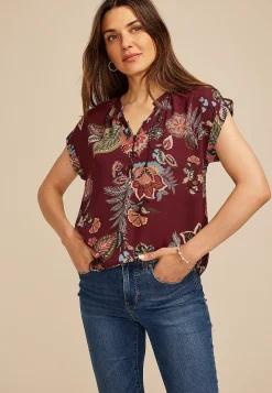 Maurices Shirts & Blouses-Floral Button Front Dolman Short Sleeve Blouse