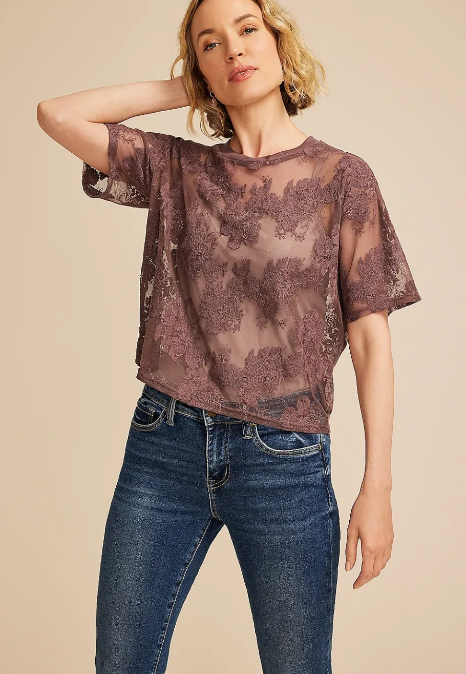 Maurices Tees|Shirts & Blouses-Floral Embroidered Mesh Short Sleeve Top