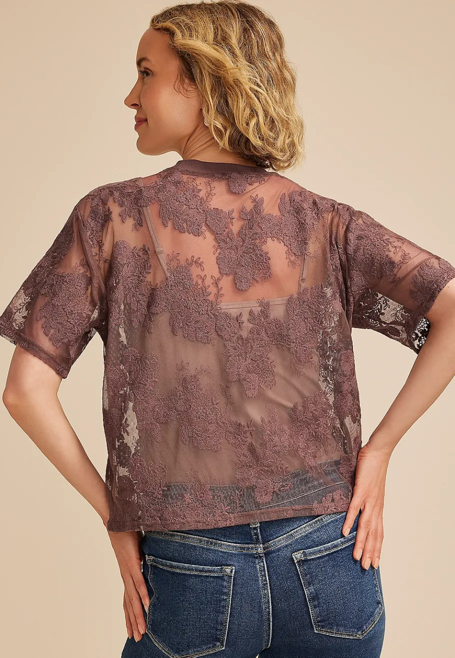 Maurices Tees|Shirts & Blouses-Floral Embroidered Mesh Short Sleeve Top