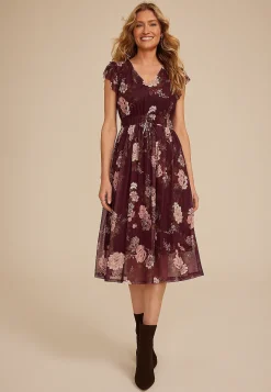 Maurices Wedding Guest & Cocktail Dresses-Floral Mesh Flutter Sleeve Midi Dress