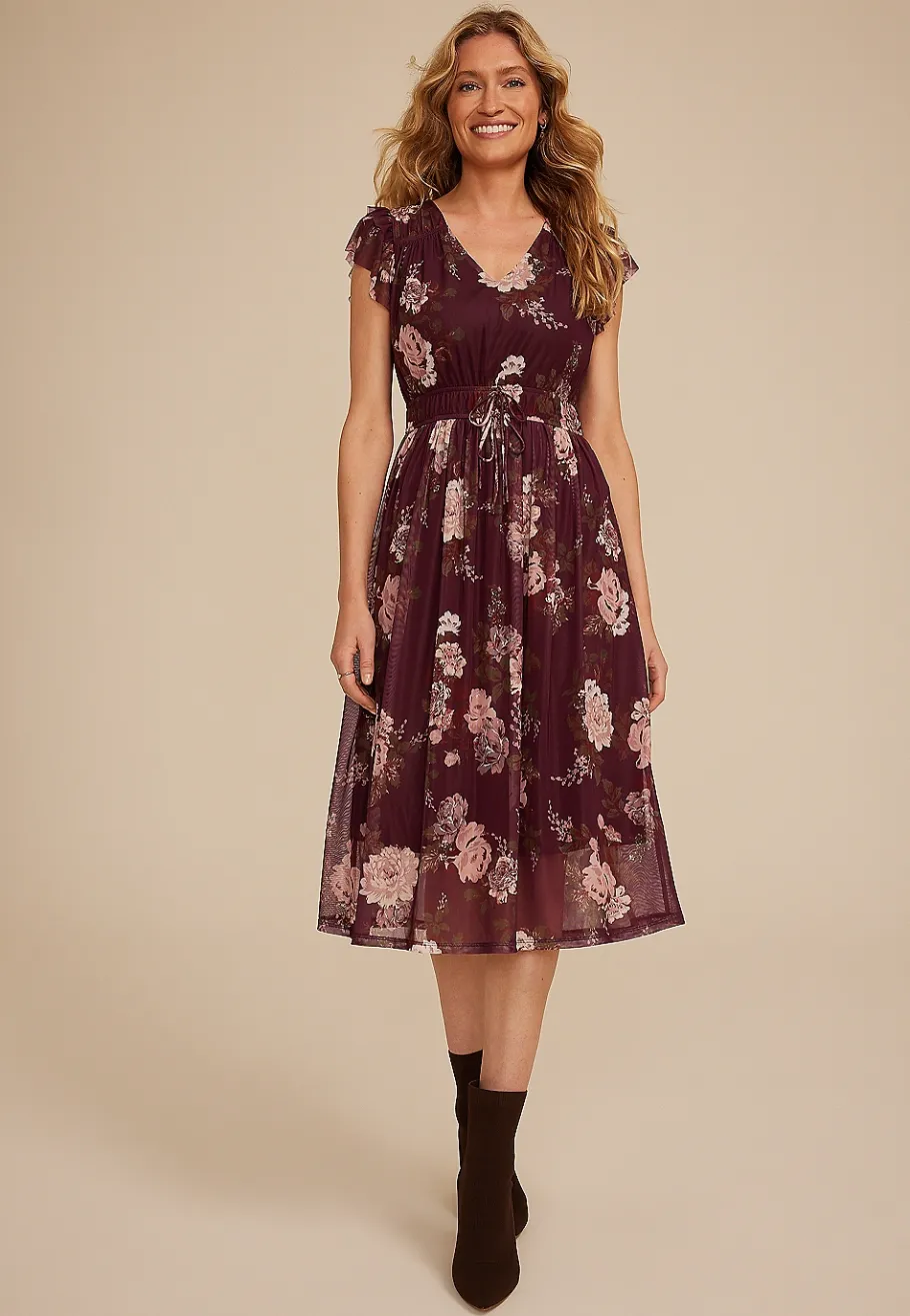 Maurices Wedding Guest & Cocktail Dresses-Floral Mesh Flutter Sleeve Midi Dress