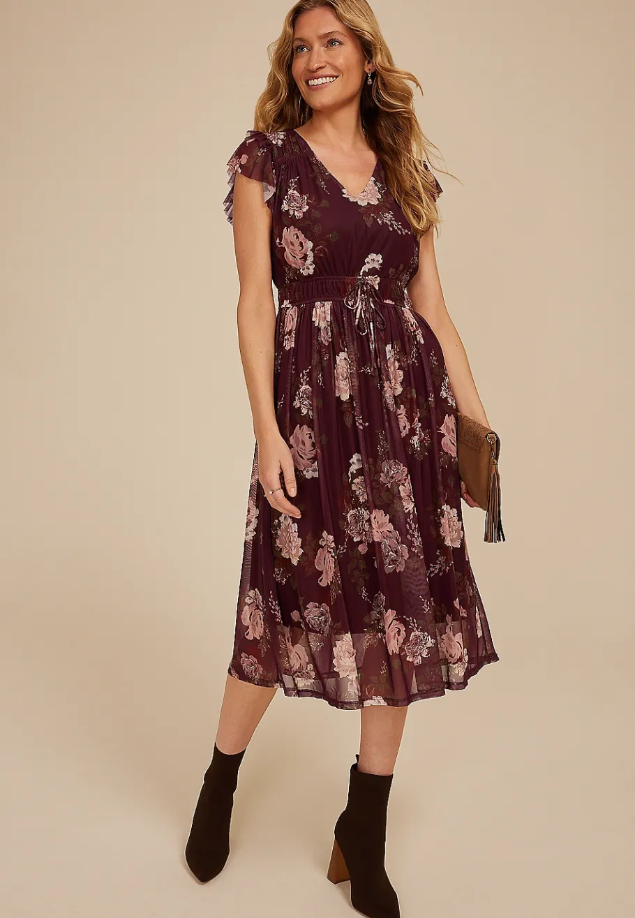 Maurices Wedding Guest & Cocktail Dresses-Floral Mesh Flutter Sleeve Midi Dress
