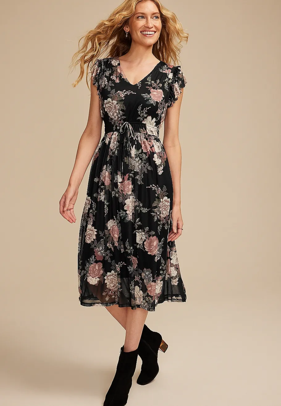 Maurices Wedding Guest & Cocktail Dresses-Floral Mesh Flutter Sleeve Midi Dress
