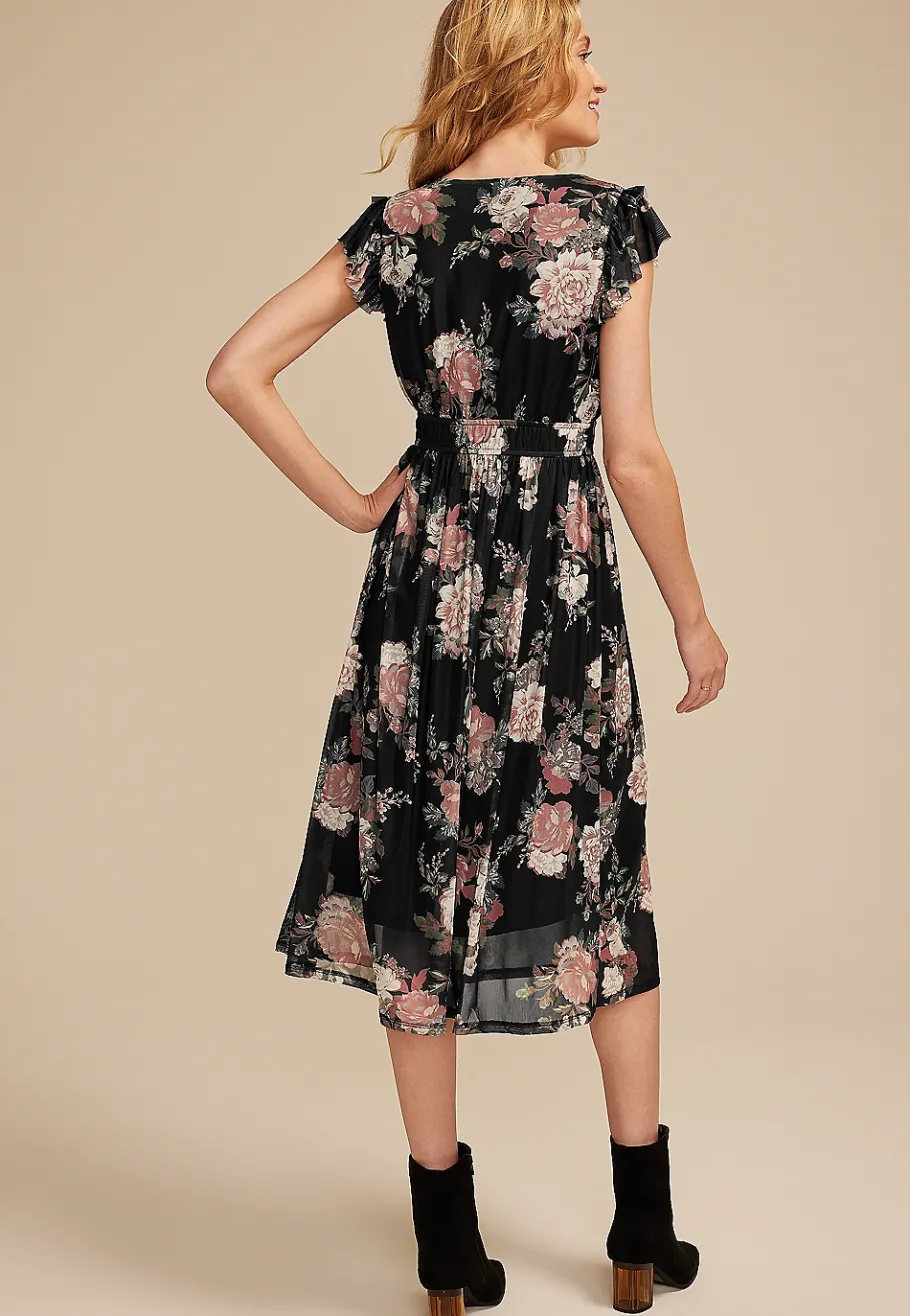 Maurices Wedding Guest & Cocktail Dresses-Floral Mesh Flutter Sleeve Midi Dress