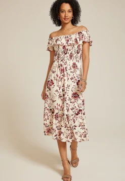 Maurices Wedding Guest & Cocktail Dresses|Work Dresses-Floral Off The Shoulder Smocked Midi Dress