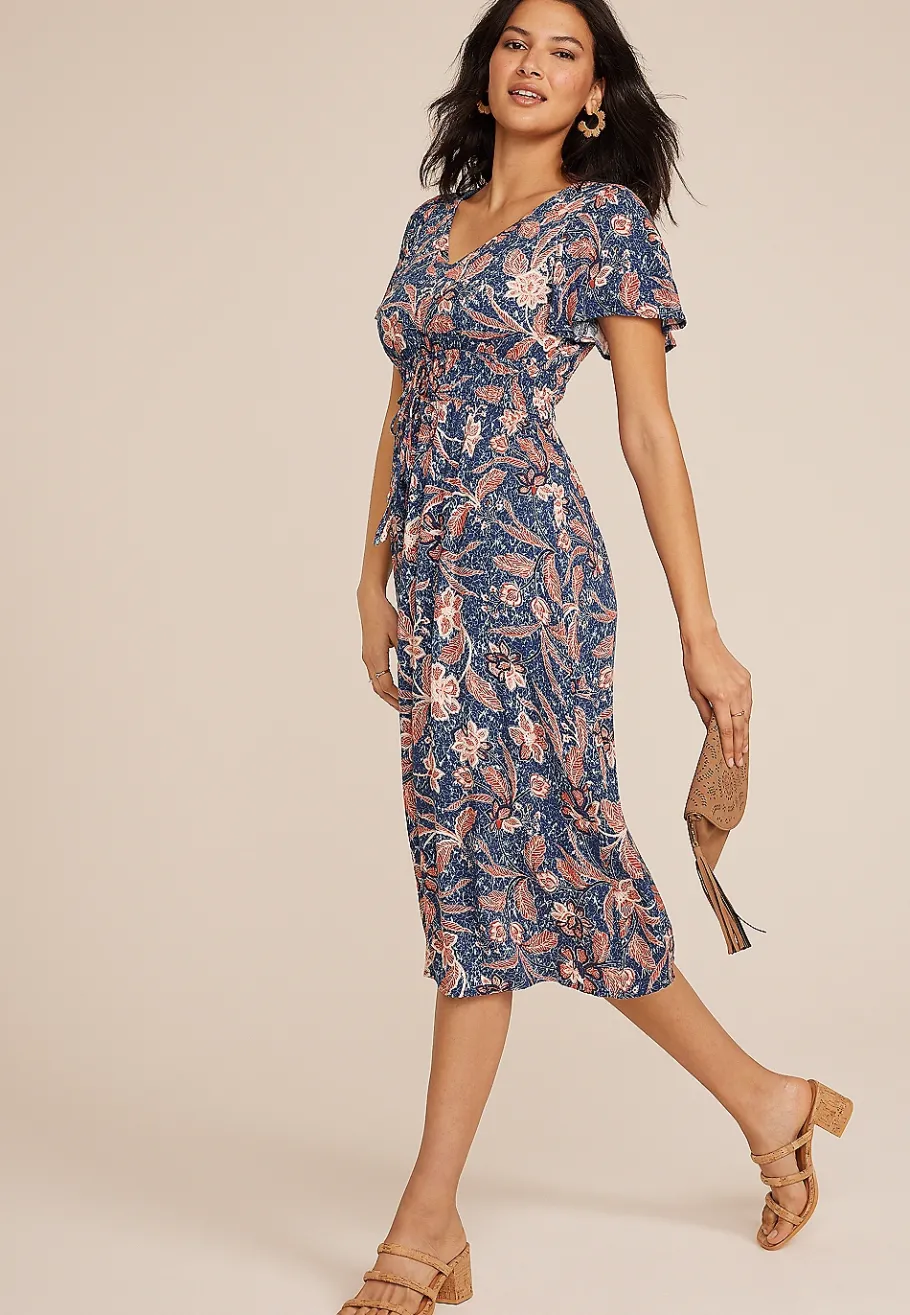 Maurices Wedding Guest & Cocktail Dresses-Floral V Neck Hanky Hem Midi Dress