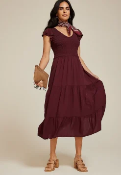 Maurices Wedding Guest & Cocktail Dresses|Work Dresses-Flutter Sleeve Smocked Midi Dress