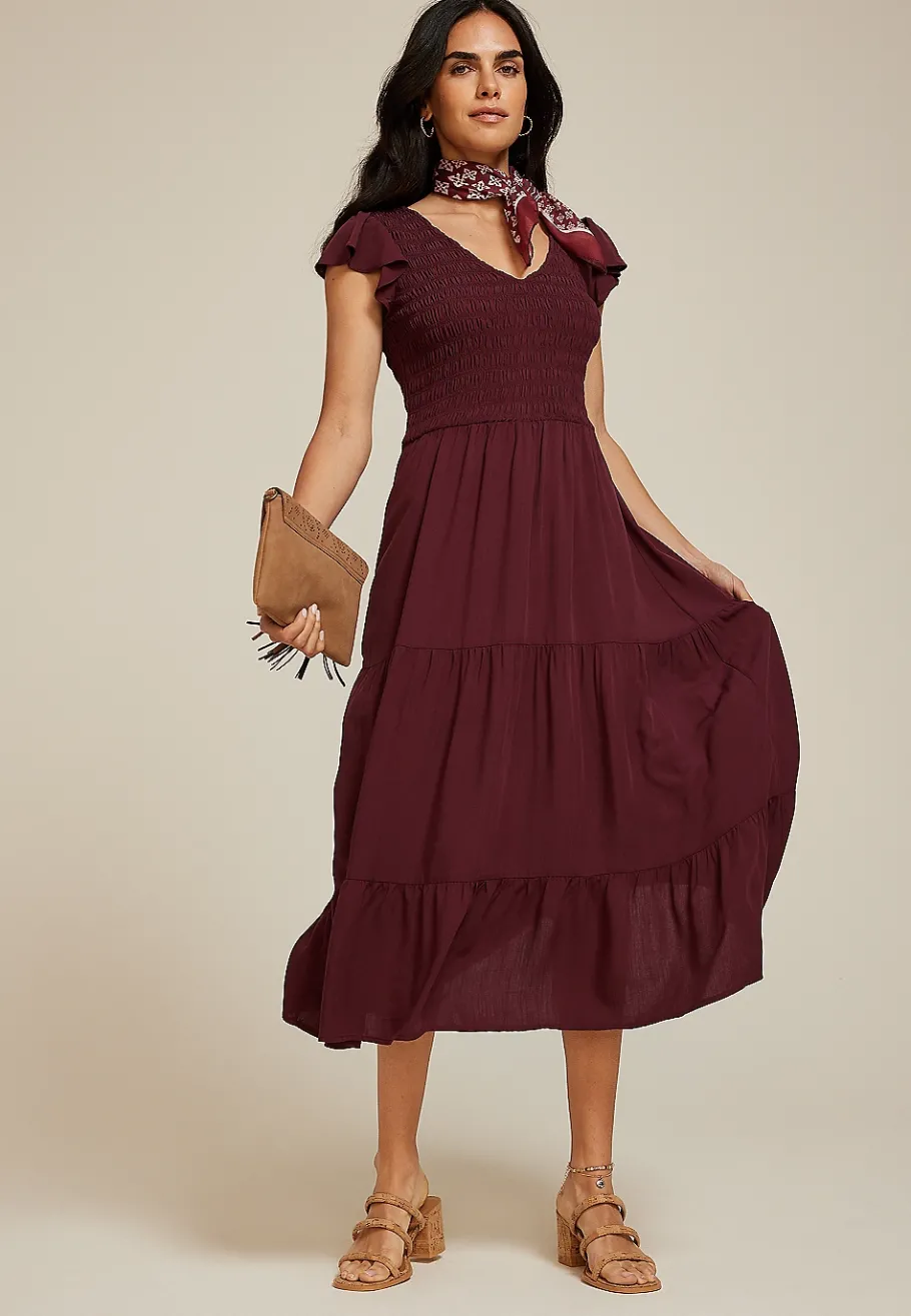 Maurices Wedding Guest & Cocktail Dresses|Work Dresses-Flutter Sleeve Smocked Midi Dress