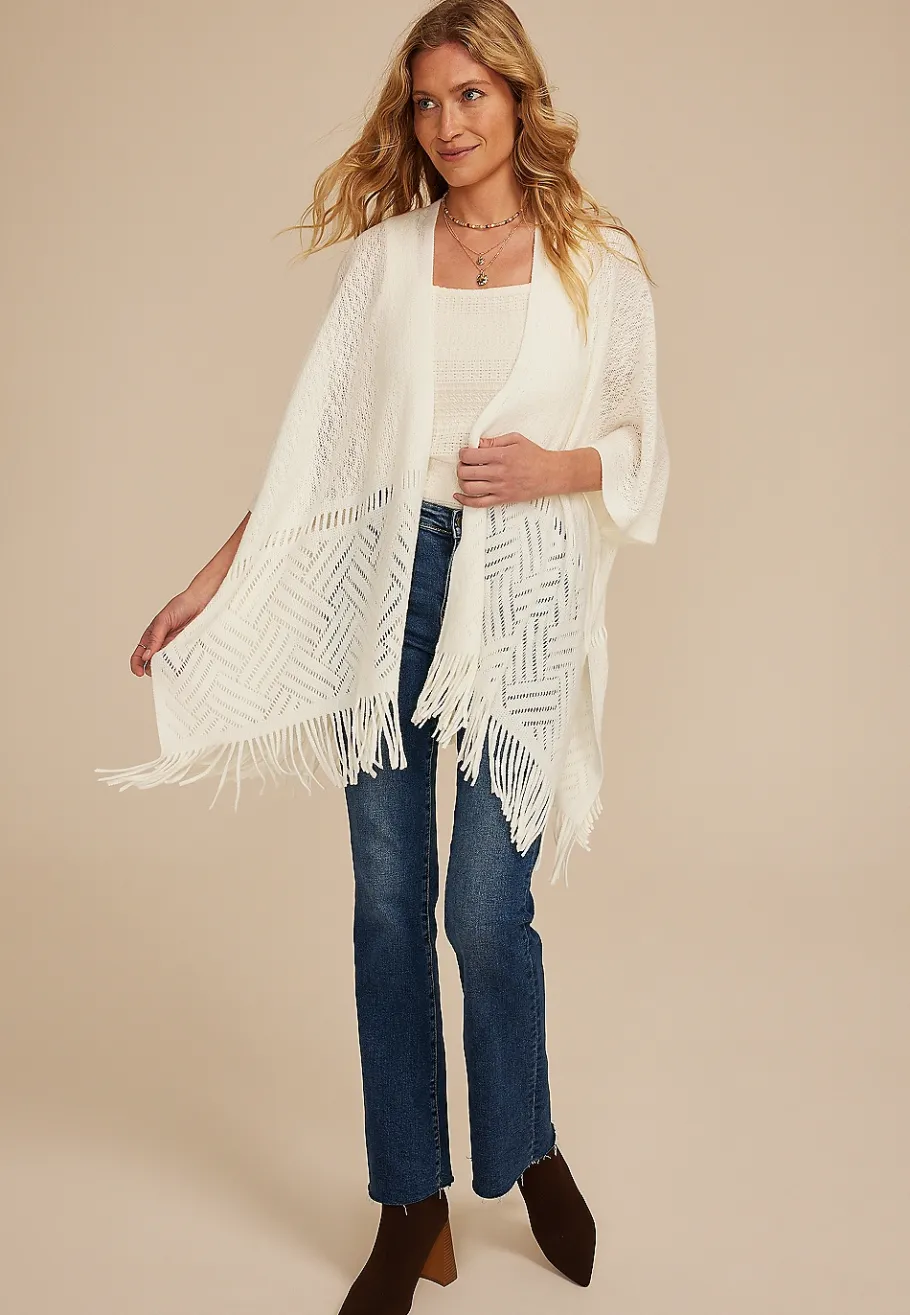Maurices Sweaters Cardigans & Kimonos-Fringed Textured Knit Kimono