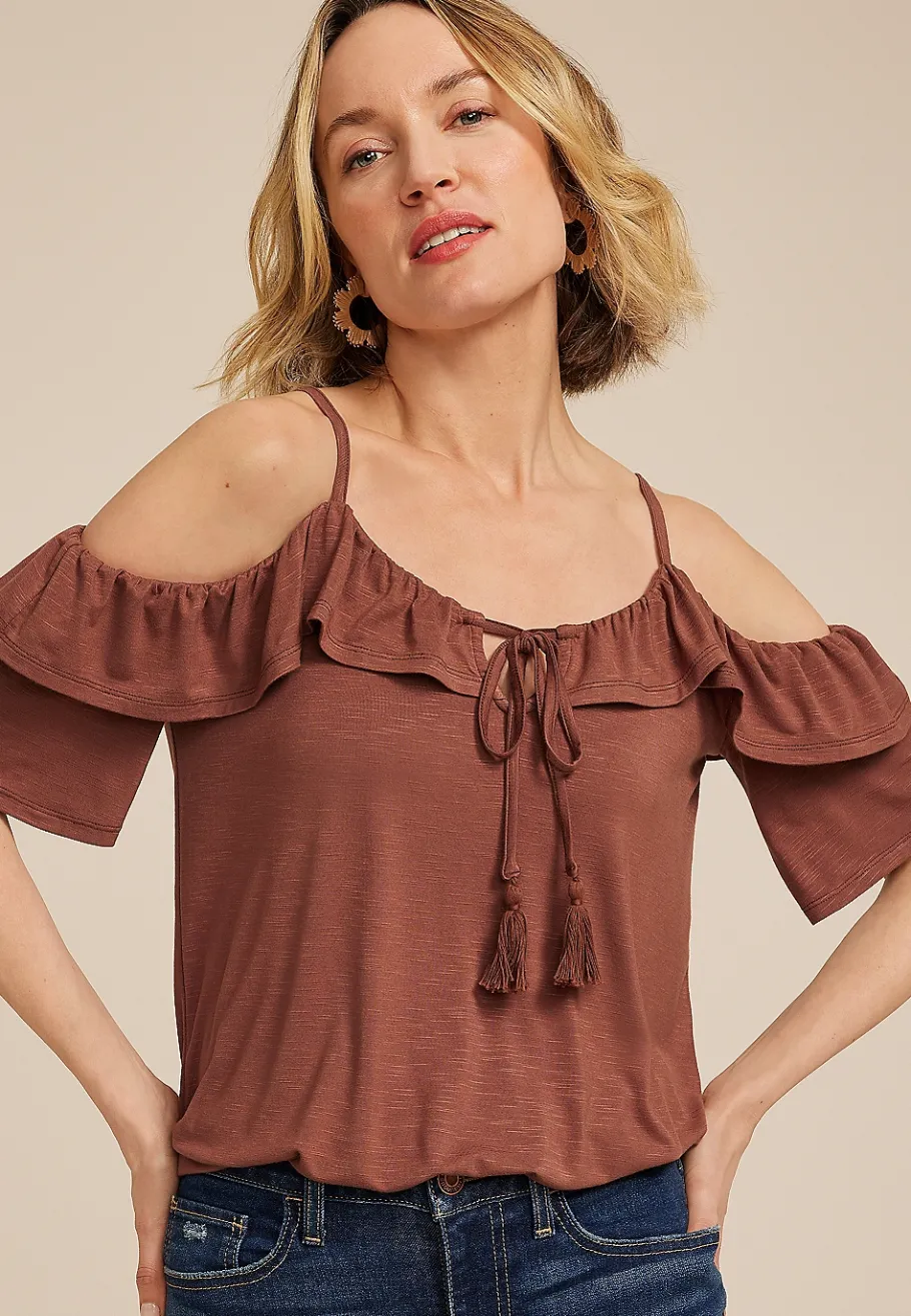 Maurices Shirts & Blouses-Front Tie Cold Shoulder Top