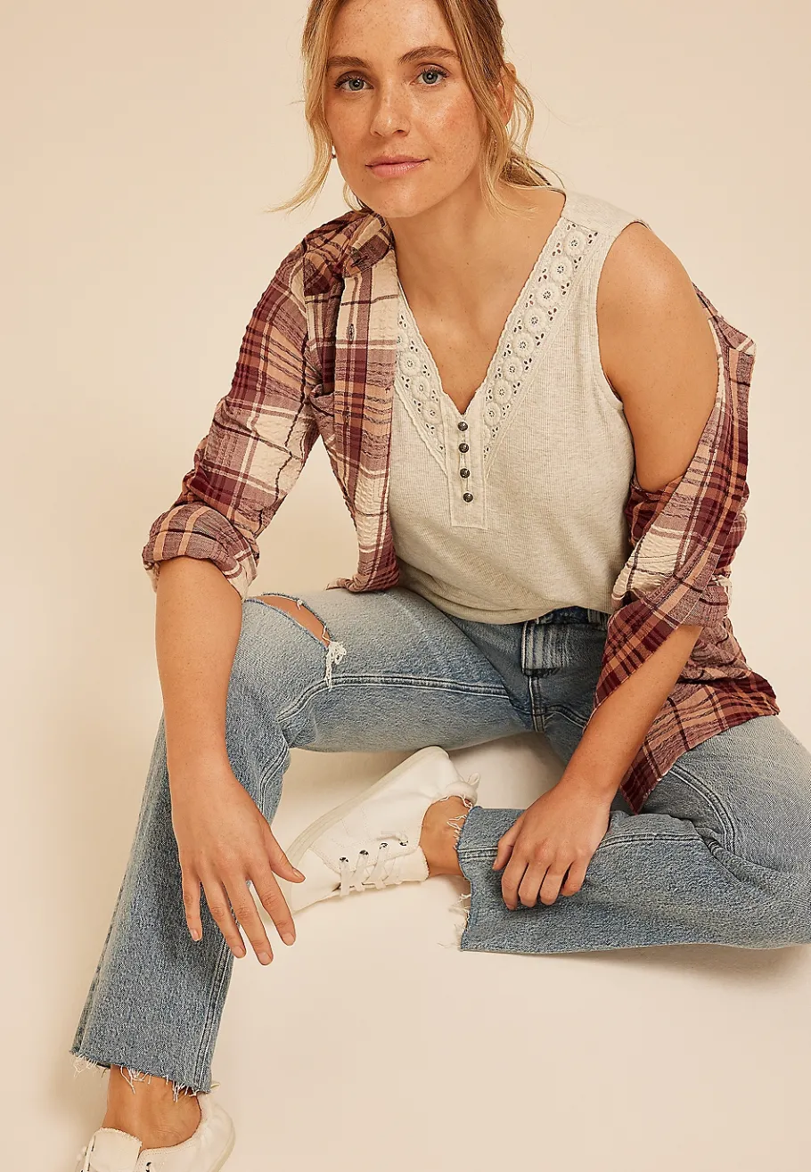 Maurices Tanks & Camis-Heathered Crochet Yoke Henley Tank Top