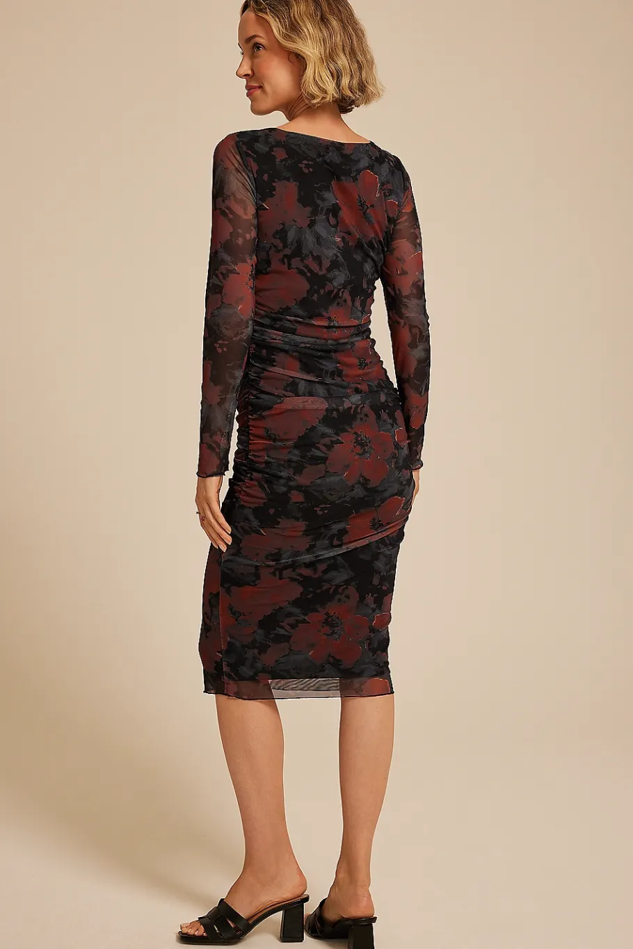 Maurices Wedding Guest & Cocktail Dresses|Work Dresses-Mesh Floral Long Sleeve Midi Dress