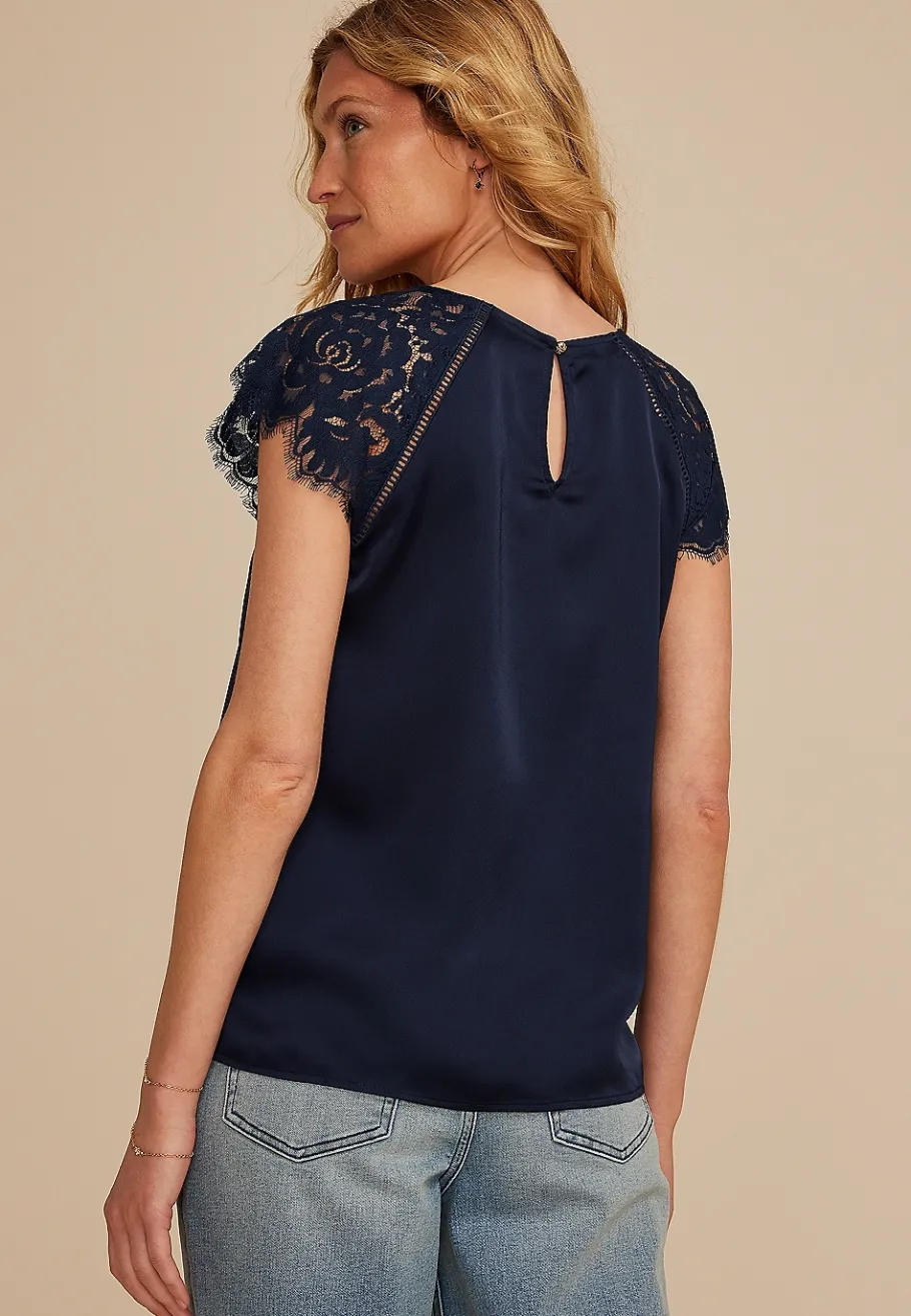 Maurices Tanks & Camis-Mixed Fabric Lace Short Sleeve Blouse