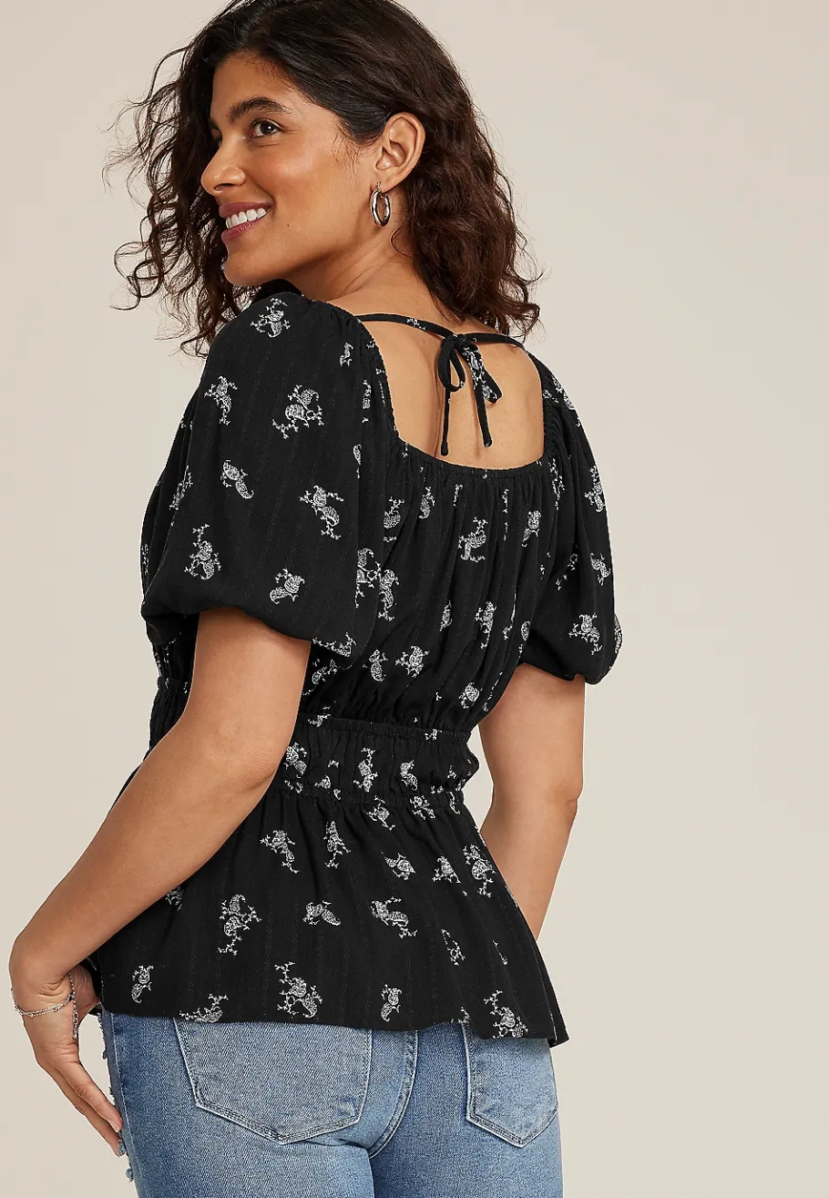 Maurices Shirts & Blouses-Paisley Tie Front Puff Sleeve Blouse