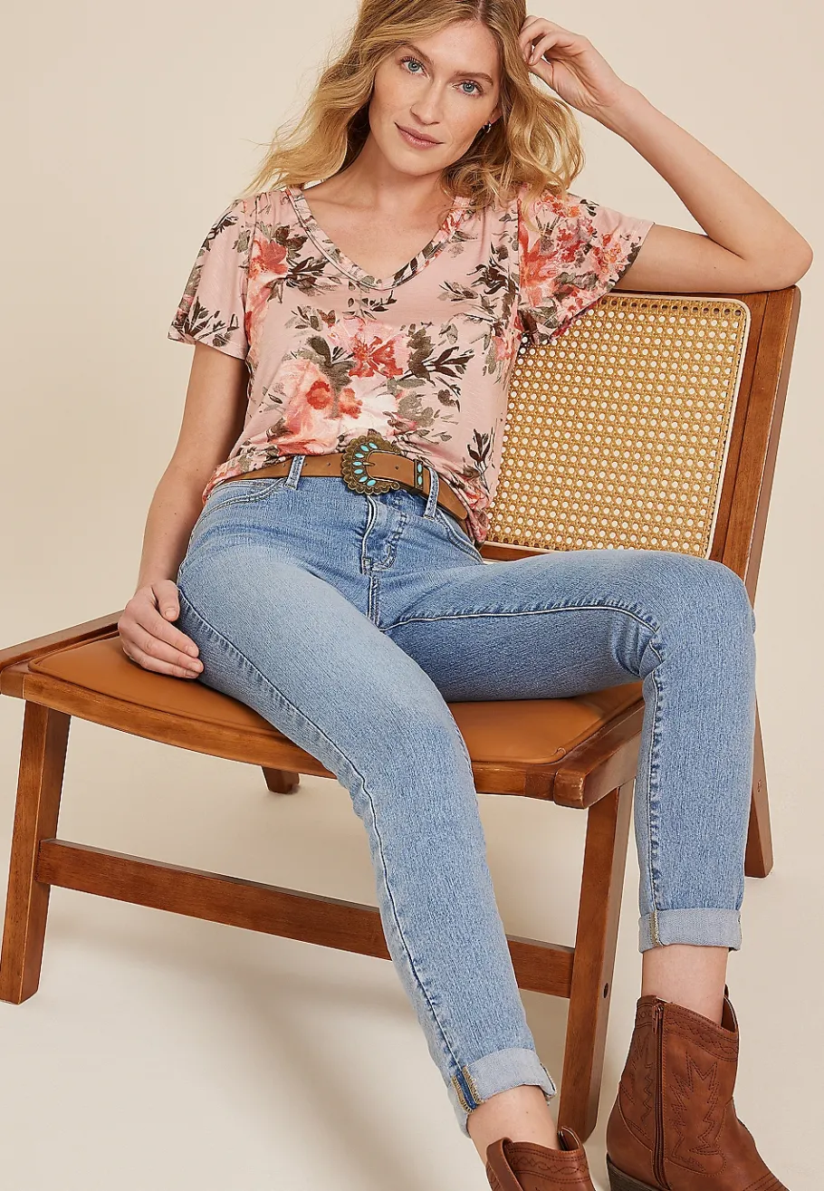 Maurices Tees-Pink Floral Flutter Sleeve Tee