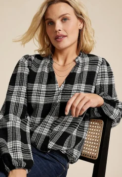 Maurices Shirts & Blouses-Plaid Bubble Hem Long Sleeve Blouse