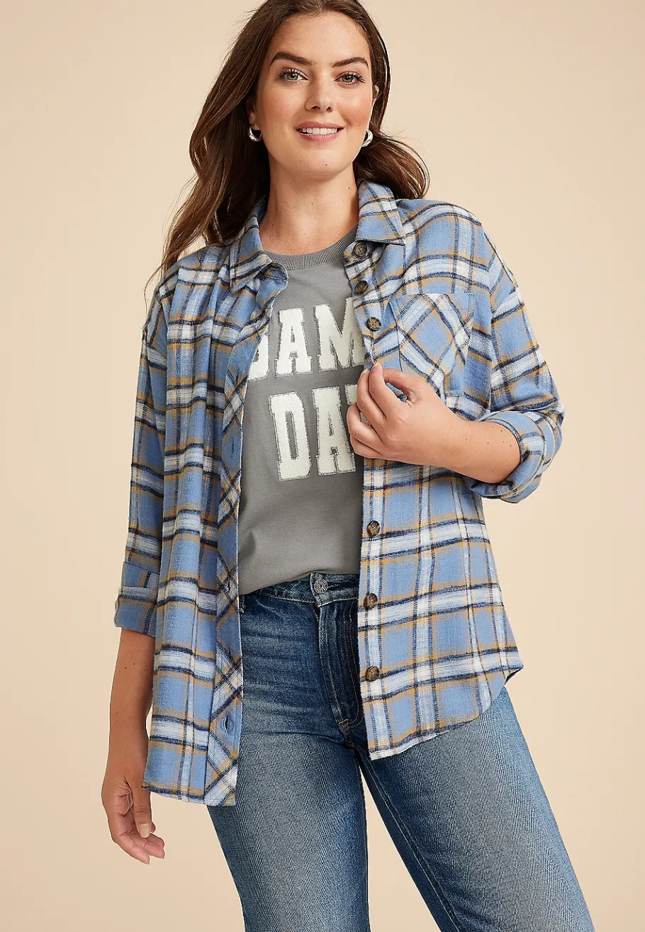 Maurices Plaid & Button Down Shirts|Graphics-Plaid Game Day Graphic Back Oversized Button Down Shirt