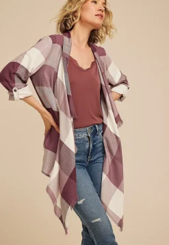 Maurices Sweaters Cardigans & Kimonos-Plaid Open Front Waterfall Cardigan