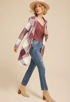 Maurices Sweaters Cardigans & Kimonos-Plaid Open Front Waterfall Cardigan