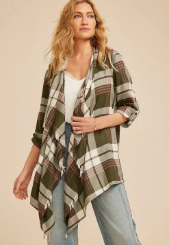 Maurices Sweaters Cardigans & Kimonos-Plaid Open Front Waterfall Cardigan